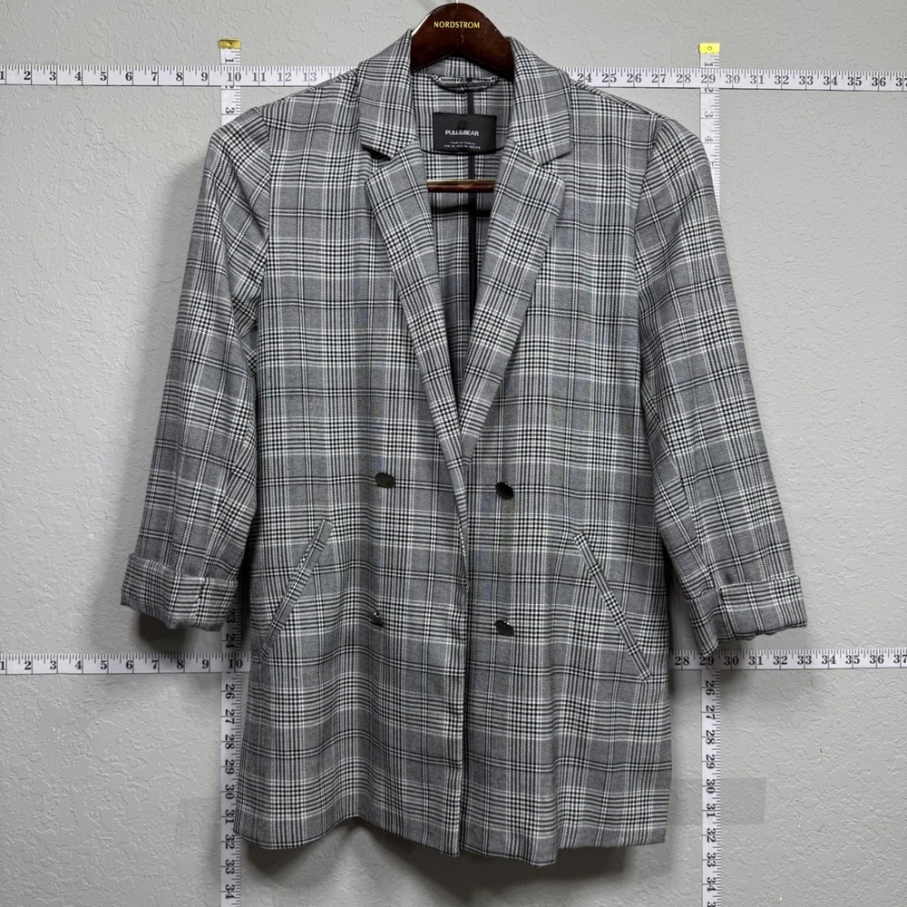 Pull&Bear Womens Grey Glen Plaid Double Breasted Longline Blazer Size Medium